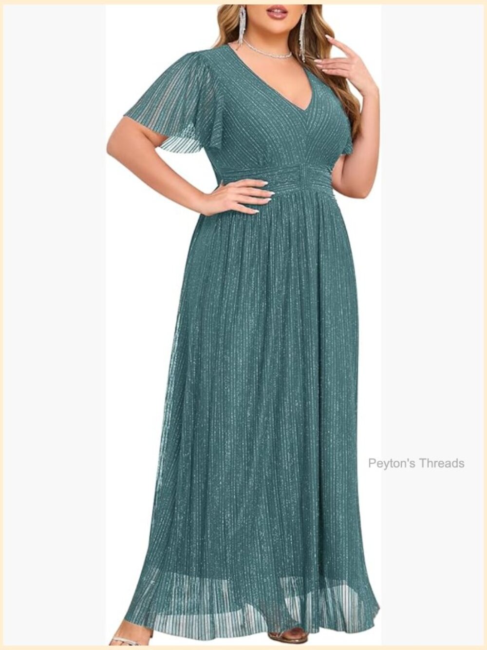 Plus Size Maxi Formal Dress Sparkly V-Neck A-Line Ruffle Sleeves Evening Gown